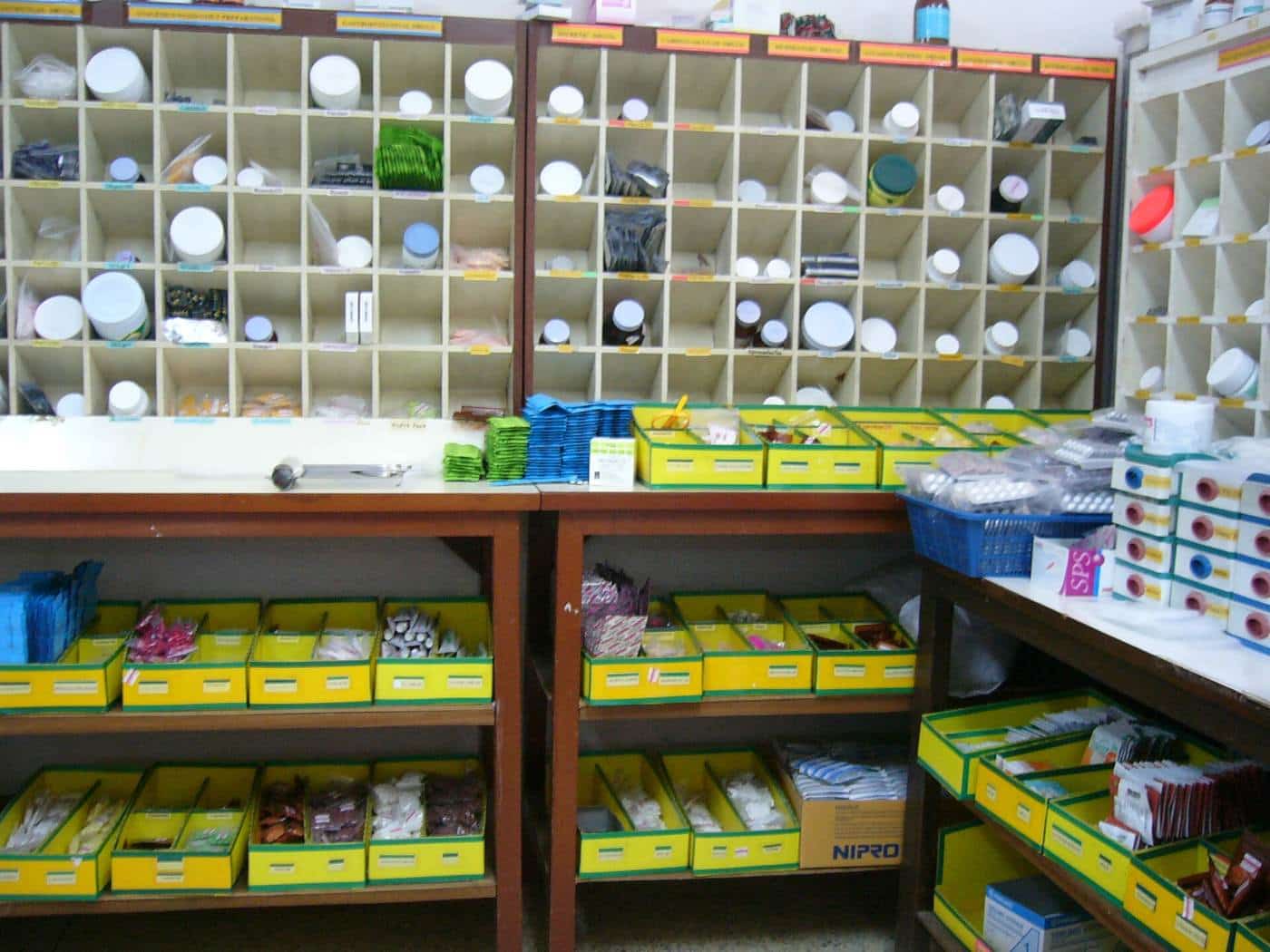 Shelves of medicines in a hospital pharmacy